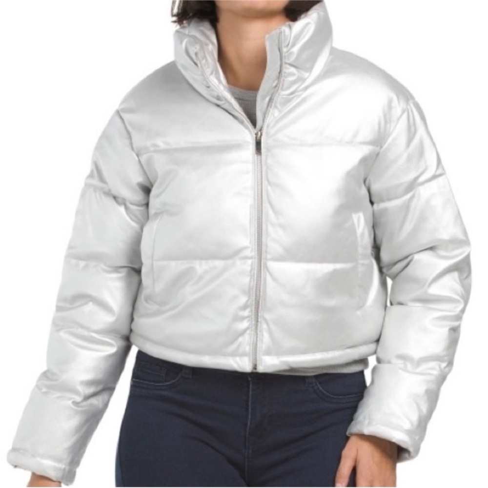 7 For All Mankind Silver Metallic Cropped Puffer Jacket